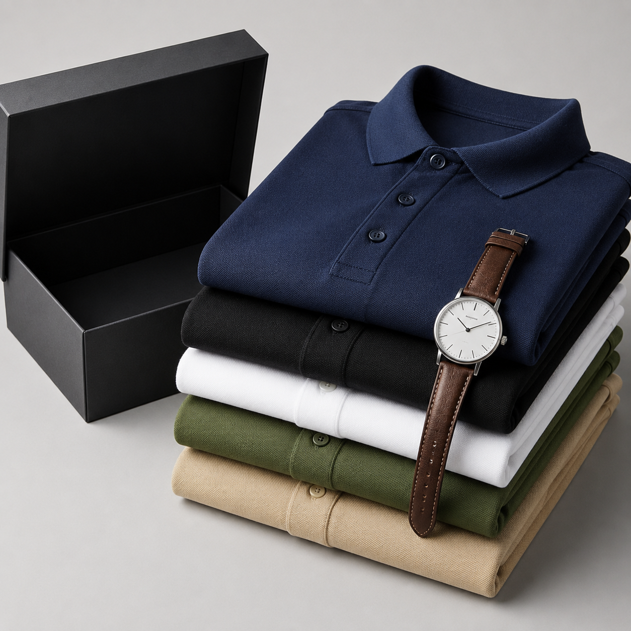 Kit Dia dos Pais VALLENZO: 5 polos premium + relógio de couro